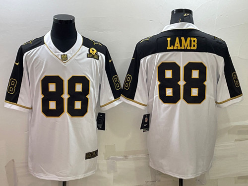 Men's Dallas Cowboys #88 CeeDee Lamb White Gold Edition With 1960 Patch Limited Stitched Football Jersey - Click Image to Close